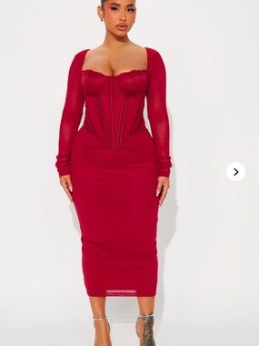 Fashion Nova Red Mesh Corset Midi Dress